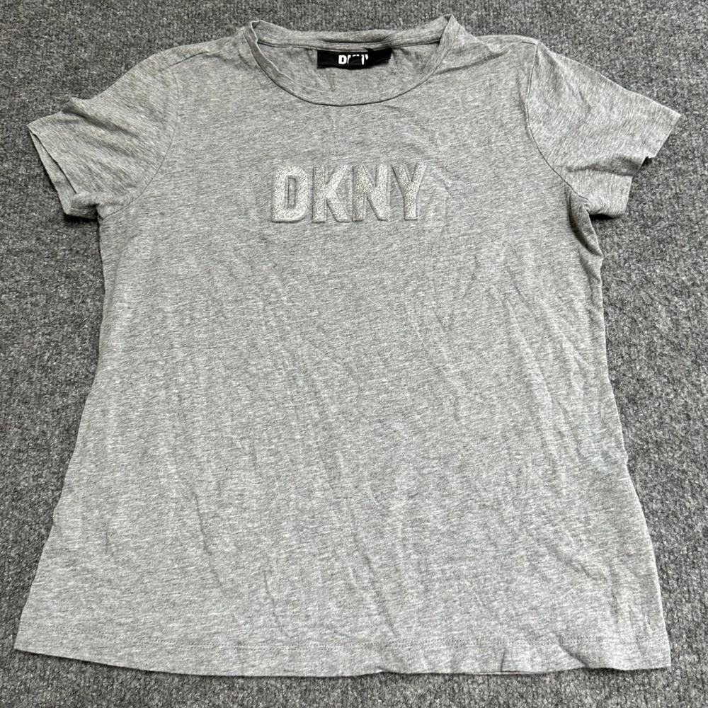 DKNY T-Shirt Womens Size XS Heather Gray Modal Blend Glitter Logo Short Sleeve